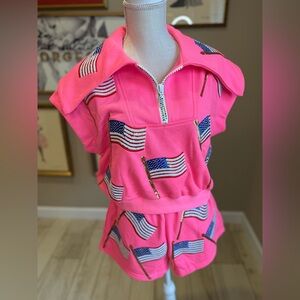 Like New! SET! QUEEN OF SPARKLES Hot Pink American Flag Sparkle Set
